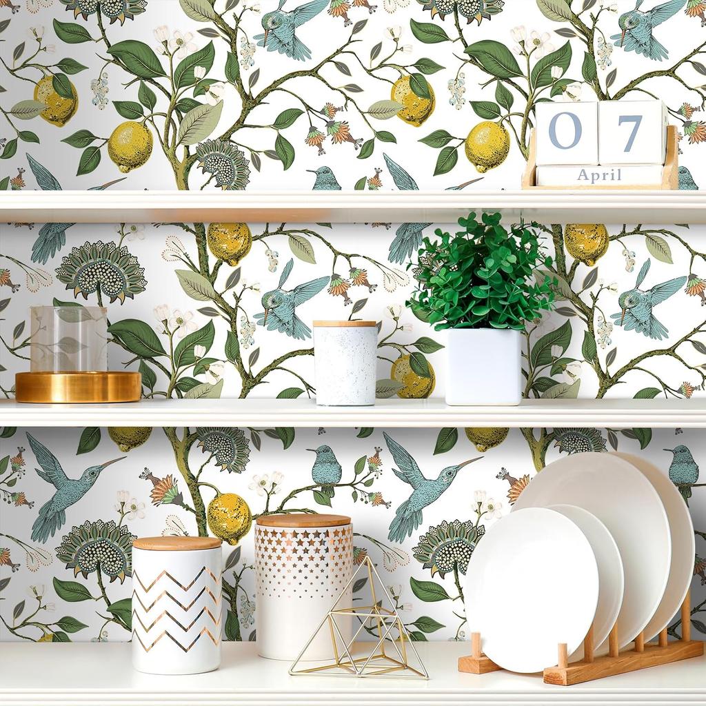 Tapet autoadeziv galben cu coajă de lămâie, floral, cu colibri, pentru decorarea suprafeței sertarelor de bucătărie, impermeabil