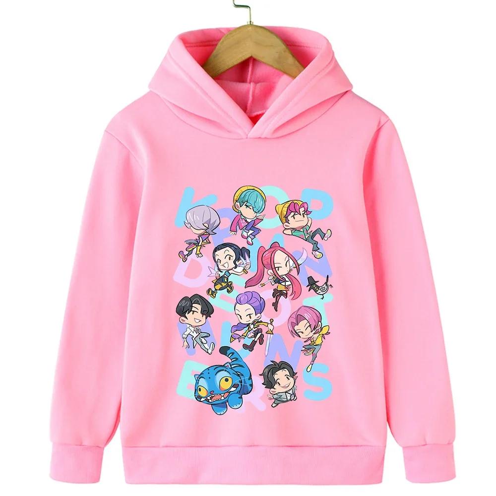 Korean-style KPop Demon Hunter Cartoon Girl Hoodie, Autumn Warmth, Trendy Fashion Casual Pullover for Kids