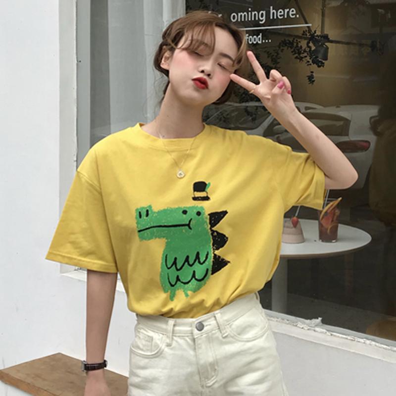 Summer Women Funny Cartoon Print T-Shirt Girl Harajuku Round Neck Loose Casual Y2K Harajuku Tops Graphic Tees Graphic T Shirts