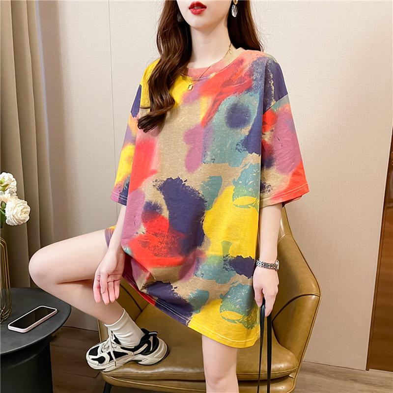 Korean Style Tie-Dye Gradient Loose Plus Size Women's Summer T-Shirt