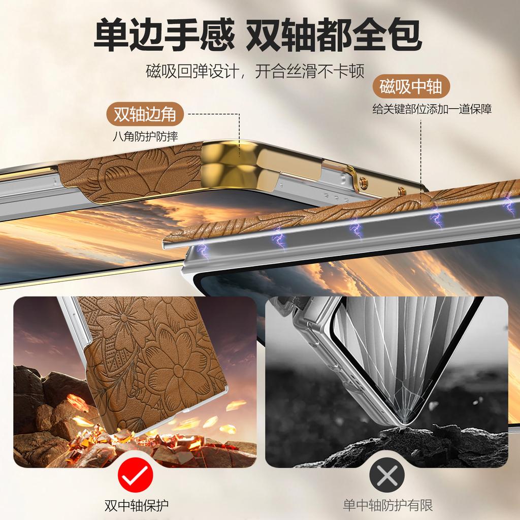 Suitable for Huawei Puraxmax Handheld Wristband Embossed Protective Case Magnetic Suction Double Central Axis Folding Screen Plain Leather Case