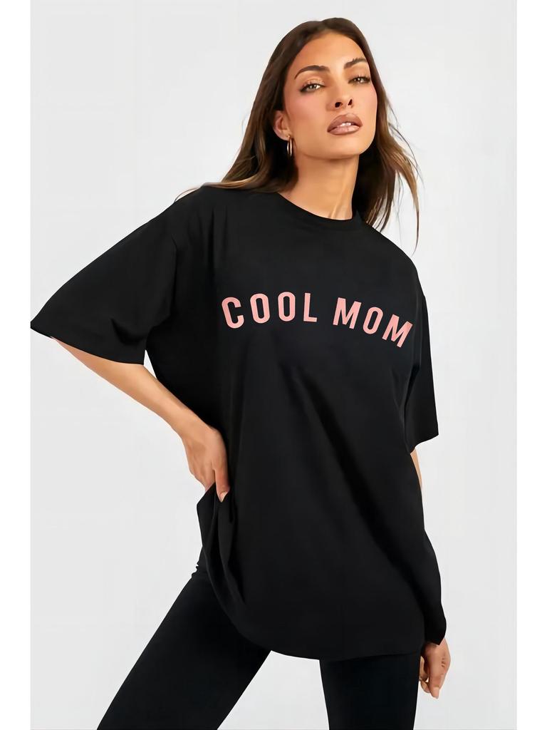 Women's Black Casual Round Neck Short Sleeve T-shirt with Letter Print