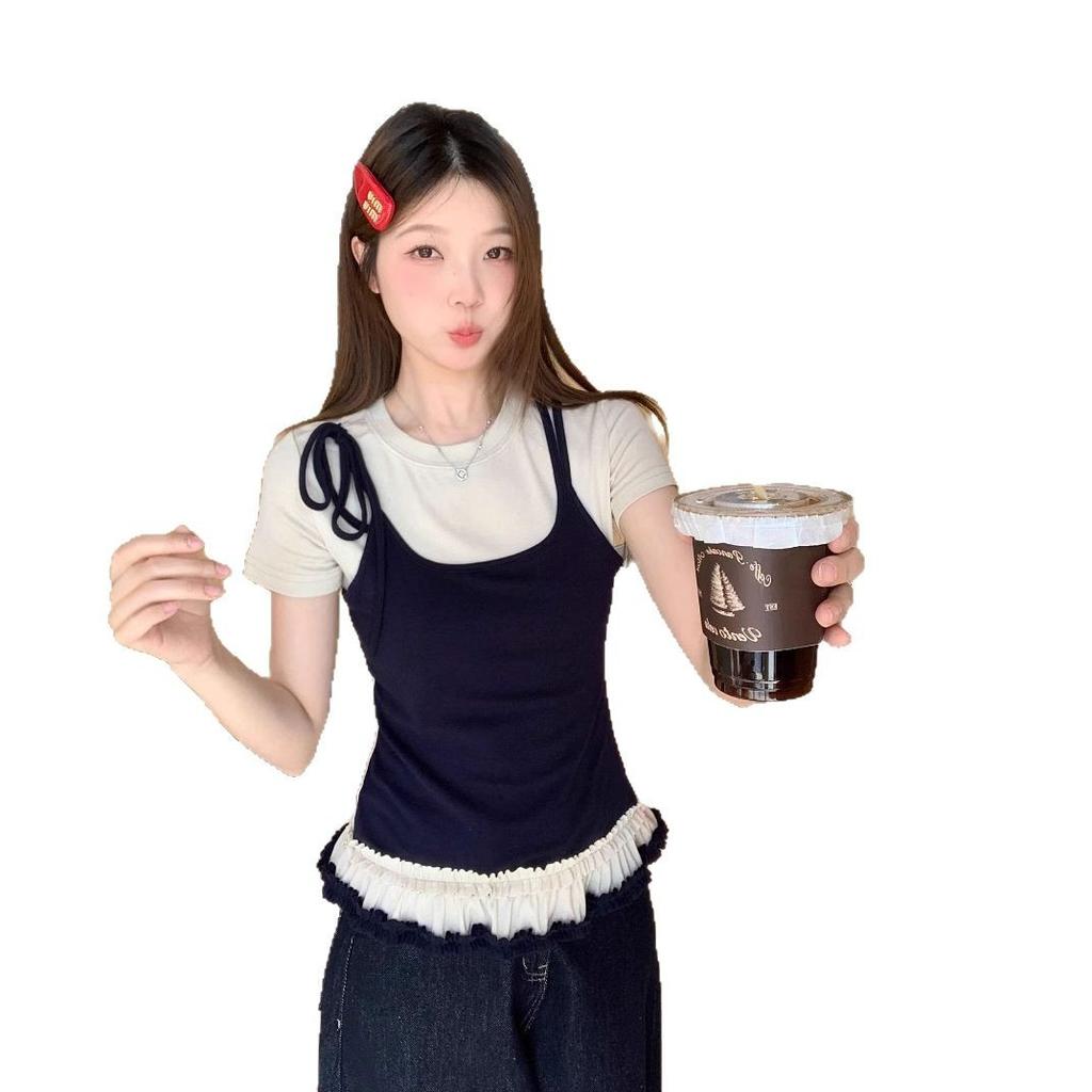 Korean fake two-piece contrasting color long-sleeved T-shirt women's spring waist bottoming shirt with ballet lace top inside