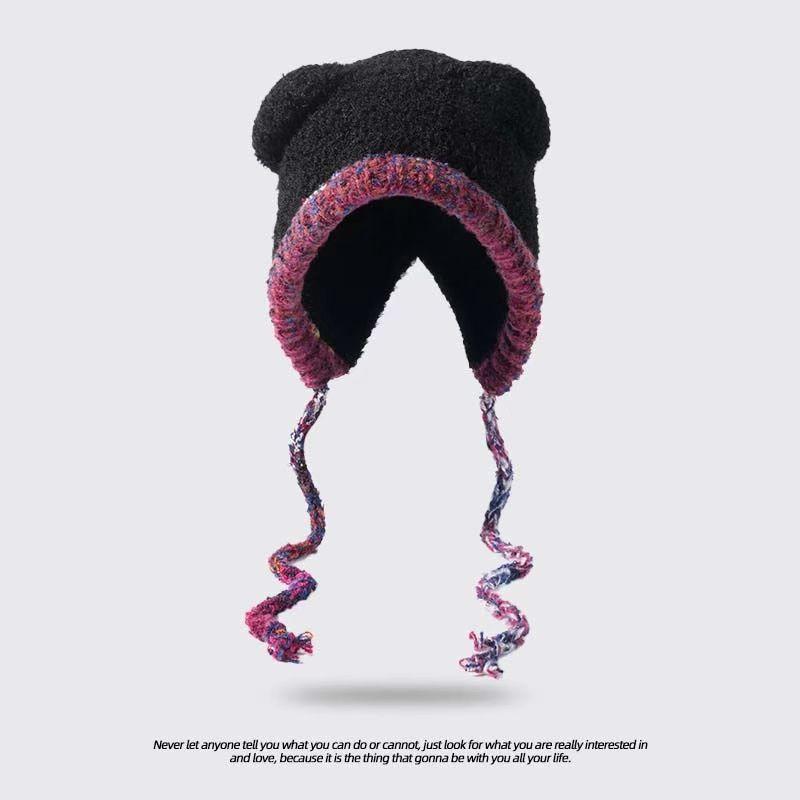 2025 new cute bear ears knitted wool hat women's plush hat autumn and winter warm ear protection big head circumference