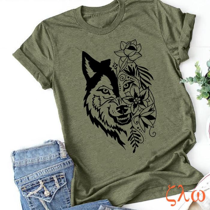 Zavita Camisetas para mujer con estampado de lobo y flores, camisas informales de manga corta con cuello redondo, tallas grandes S-5XL, camisetas de verano