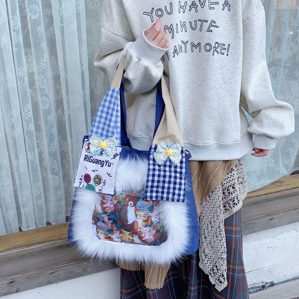 

Japanese Style Y2k Shoulder Bag Retro Canvas Tote Bag Casual Vintage Plaid Handbag Girls синій