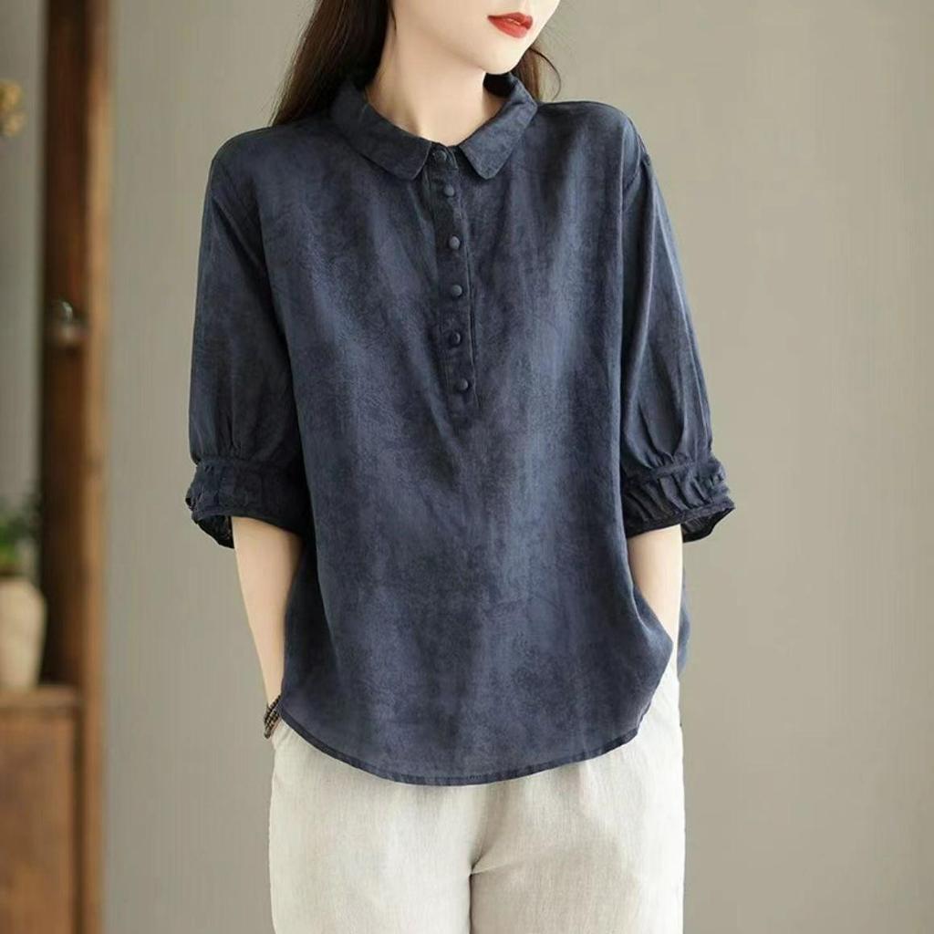 Women's Jacquard Lapel Shirt, Western Style Retro Ladies Mid-sleeved Shirt, Thin and Thin Small Shirt