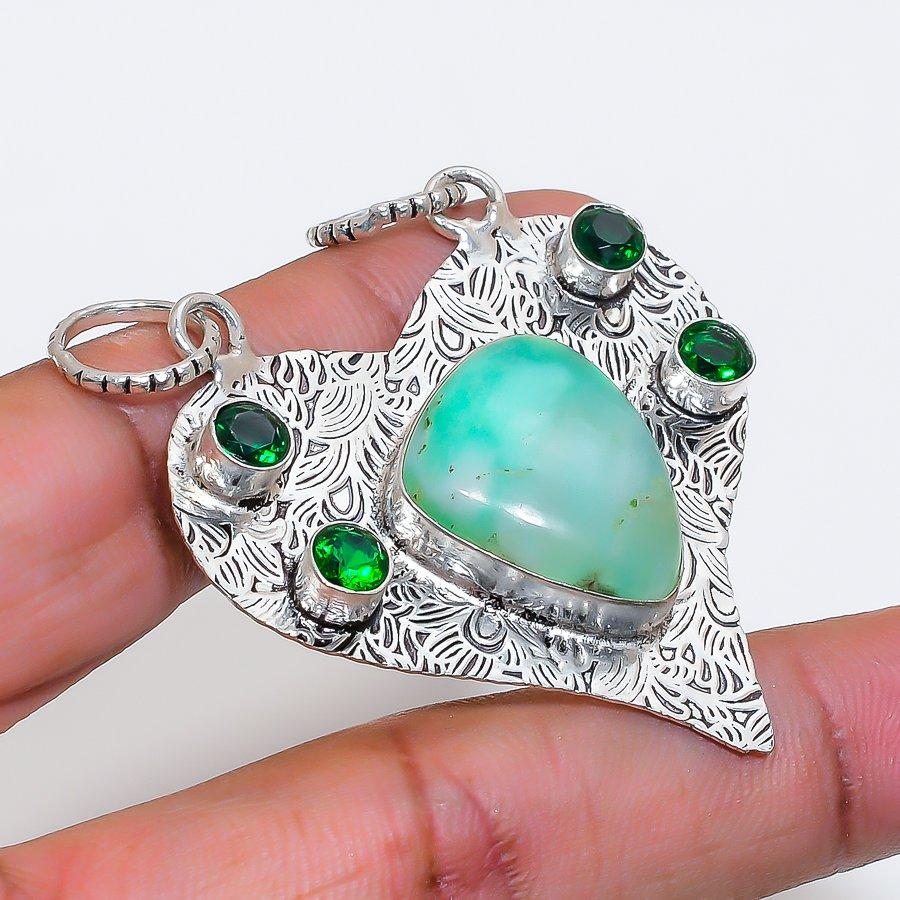 Natural Chrysoprase, Peridot 925 Sterling Silver Jewelry Pendant 2.21" ZS-1288
