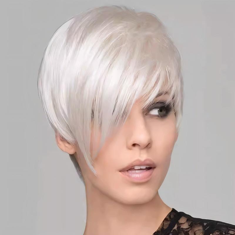 European and American Style Women’s Short Straight White Wig with Side-Parted Long Bangs Unique Fashion Full Wig