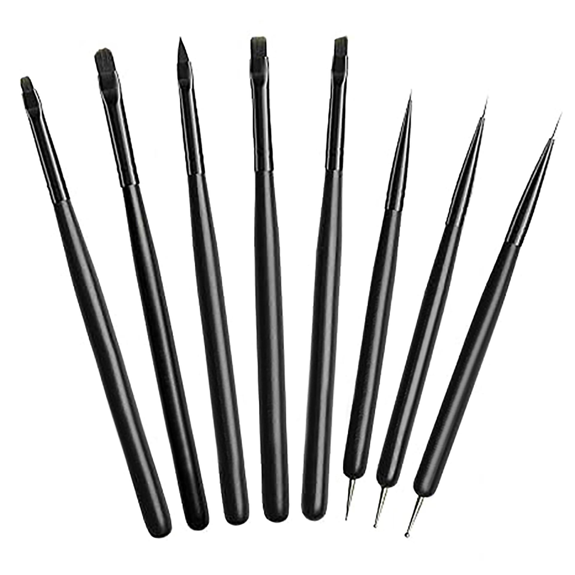 

8-Piece Black Wooden Nail Art Brush Set: Carving, Crystal, Double-Ended Dotting, Line Drawing Brushes