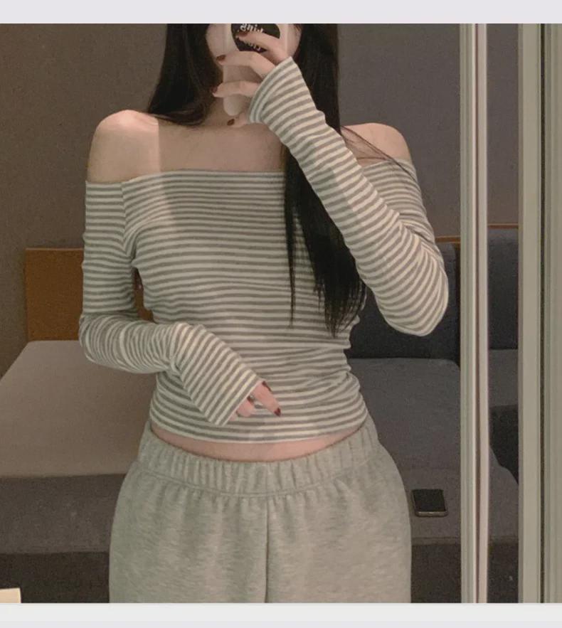 Stylish One-Shoulder Striped Slim Fit Long-Sleeve T-Shirt from Dongdaemun, South Korea