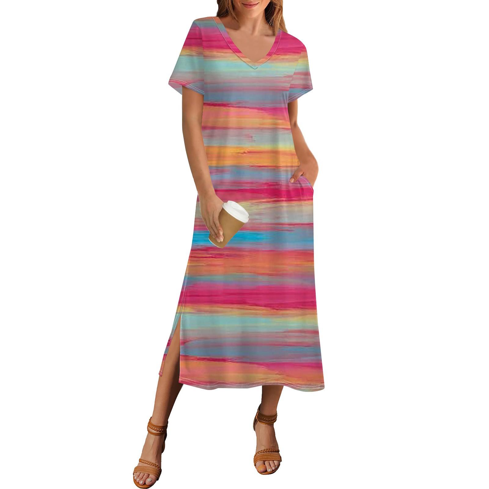 

Women s Summer Striped Print Dress Short Sleeve Beach Dress With Pocket Casual V-neck Hem Side Slit Dress XXXL кавун червоний колір