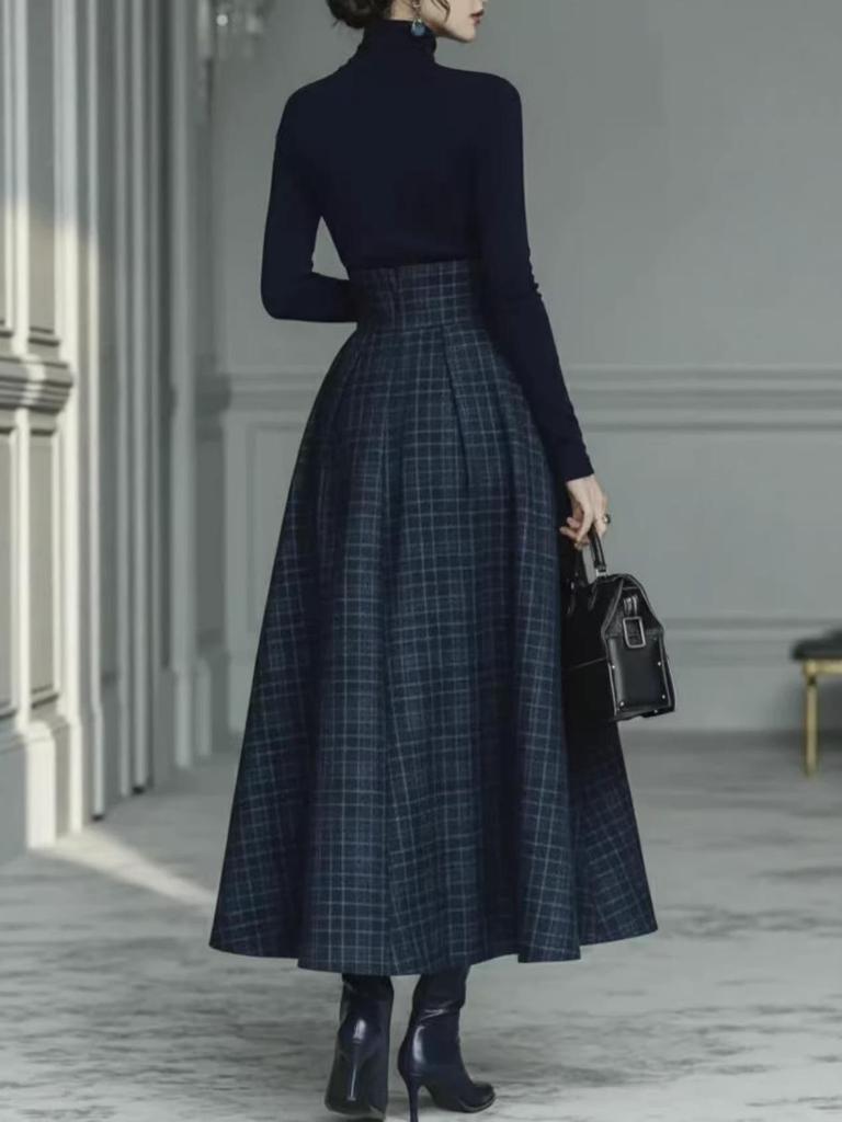 Abito Francese Elegante 2026: Tessuto a Quadri Patchwork Monocolore, Manica Lunga per Primavera/Autunno