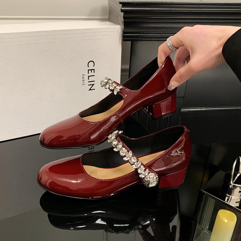 Fairy wind 2025 new French high-heeled leather round head rhinestone word with thick heel Mary Jane single shoes commuting