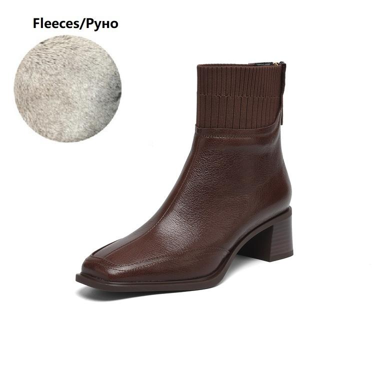 

Fashion NEW Autumn Women Boots Square Toe Chunky Heel Shoes Genuine Leather Shoes for Women Knitted Fabric Modern Boots Soft Daily Shoes 42