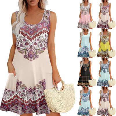 Summer Dresses For Women Beach Boho Sleeveless Printing Flowy Pocket Tshirt Tank Sundresses
