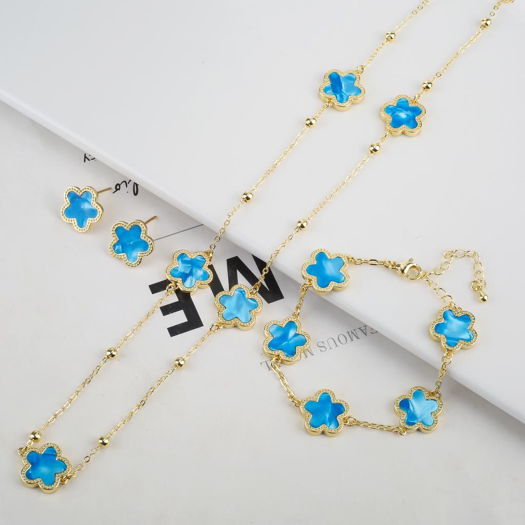 New Sweater Chain Five Point Star Creative Plant Plum Blossom Jewelry Set Shell Simple Bracelet/Necklace/Earrings Women's Clover