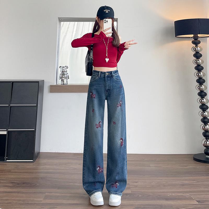 

Cherry Embroidered High-Waisted Flared Jeans with Rhinestones for Women, Spring/Autumn 2025, Slimming Stretch Wide-Leg Pants. XS