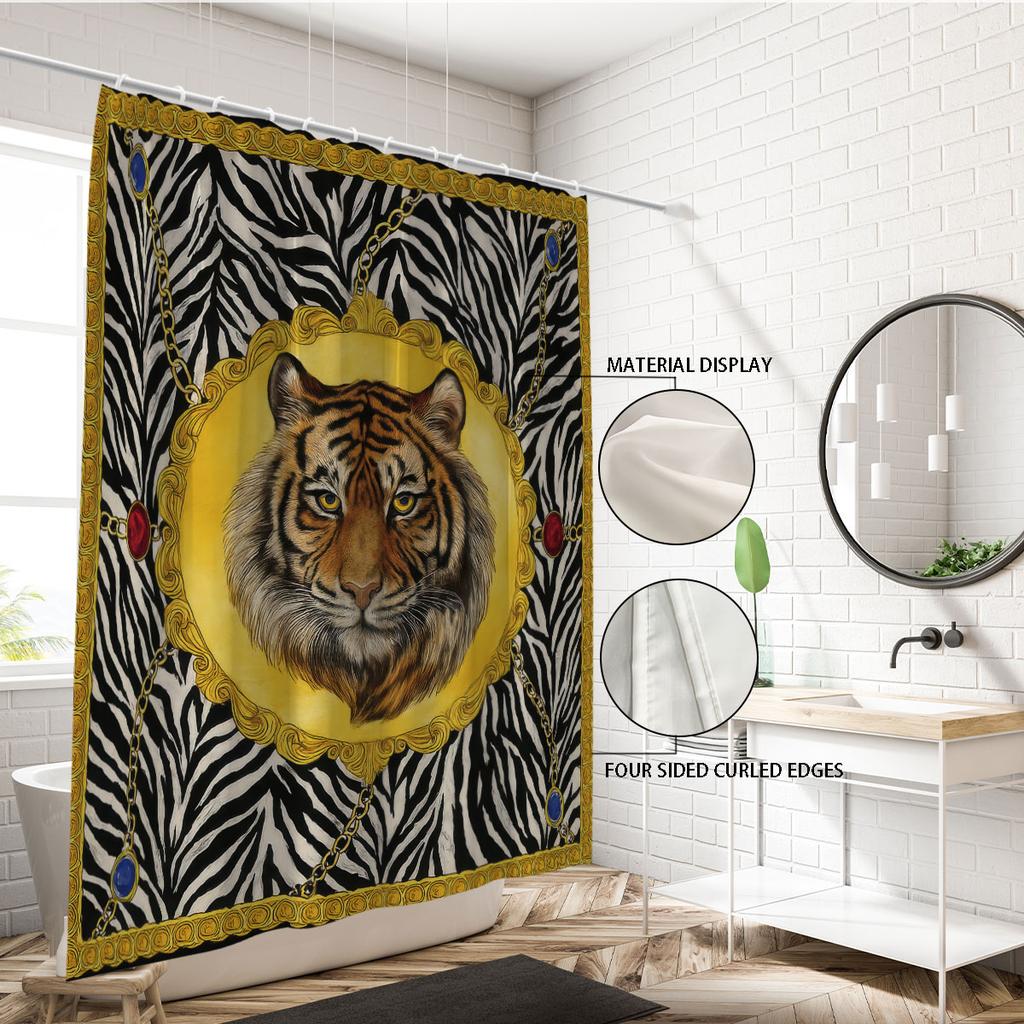 1Pc Leopard Print Tiger Print Waterproof Shower Curtain Bathroom Partition Privacy Multiple Sizes With 12 Hooks Easy To Install