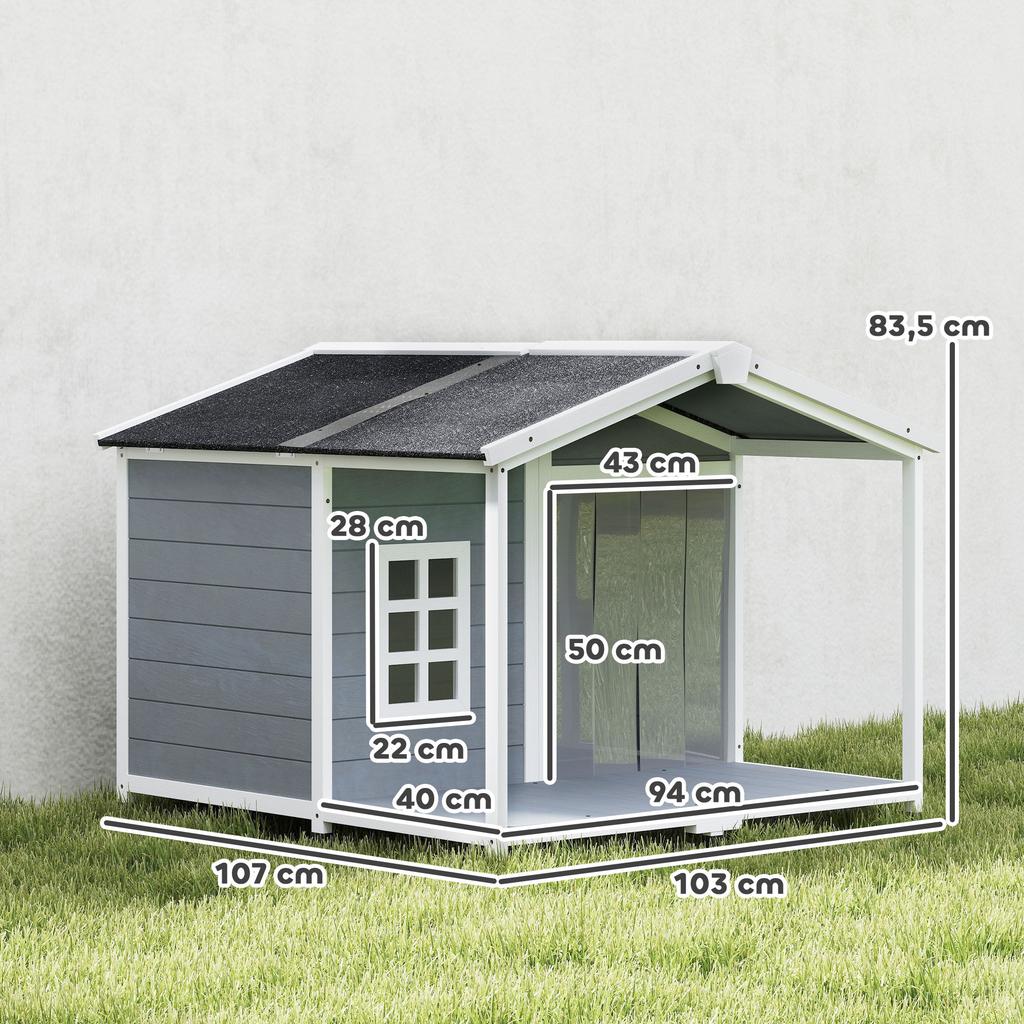 Dog House Weatherproof Elevated Dog House Made of Wood with Asphalt Roof, Terrace, for Medium-Sized Dogs 103x107x83.5cm Grey