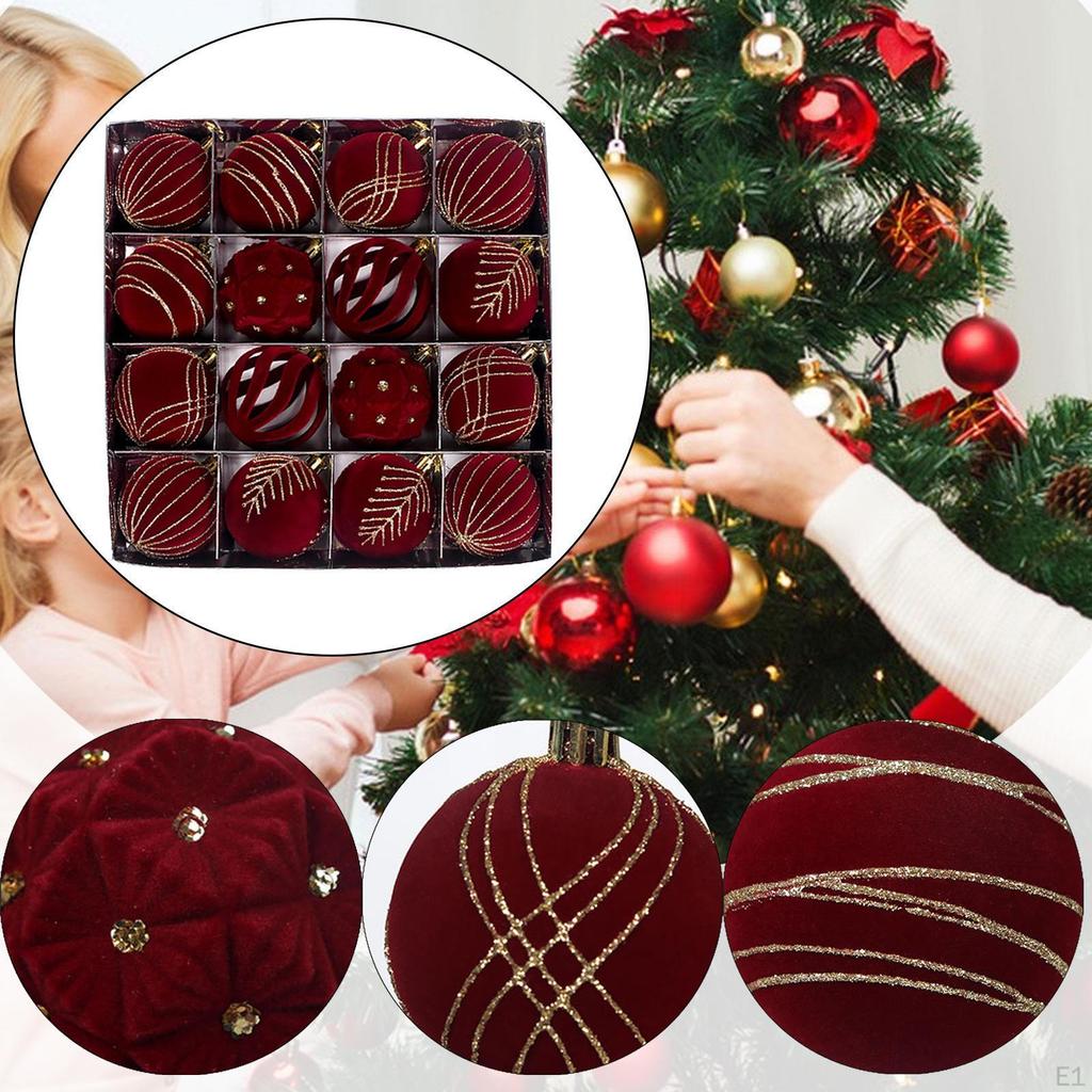 16x Flocked Christmas Balls, Xmas Tree Ball Party Decor Decorative Supply,