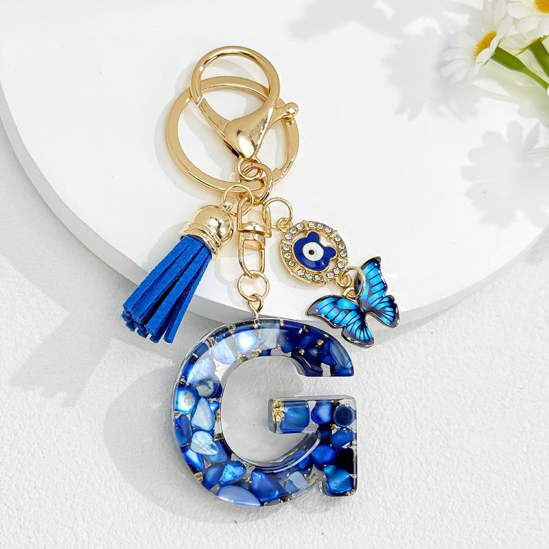 Fashion Blue Glazed Stone A To Z Letter Keychain 26 Initials Alphabet Butterfly Tassel Pendant Car Keyring Women Jewelry Gifts