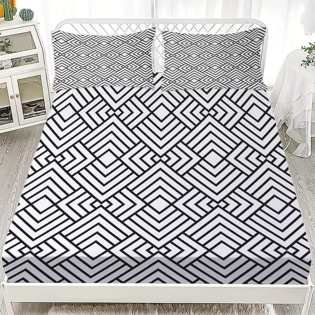 1pc Black White Fitted Sheet Geometry 3D Printed Linear Nordic Style 100% Polyester Flat Sheet Room Decoration For Adult Teen