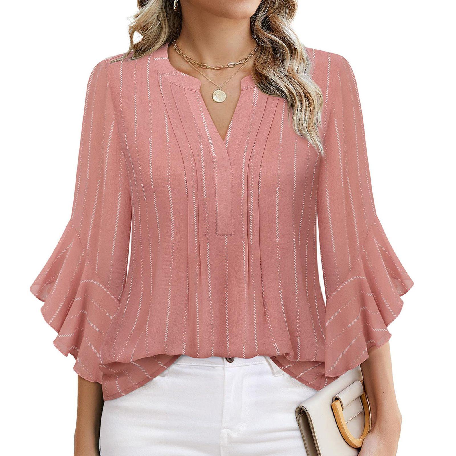 

Блузка з рукавом три чверті Листок лотоса Однотонна Модна Повсякденна Вільна V-подібний виріз Ділова Сорочка Шифон Жіночий одяг L персиковий