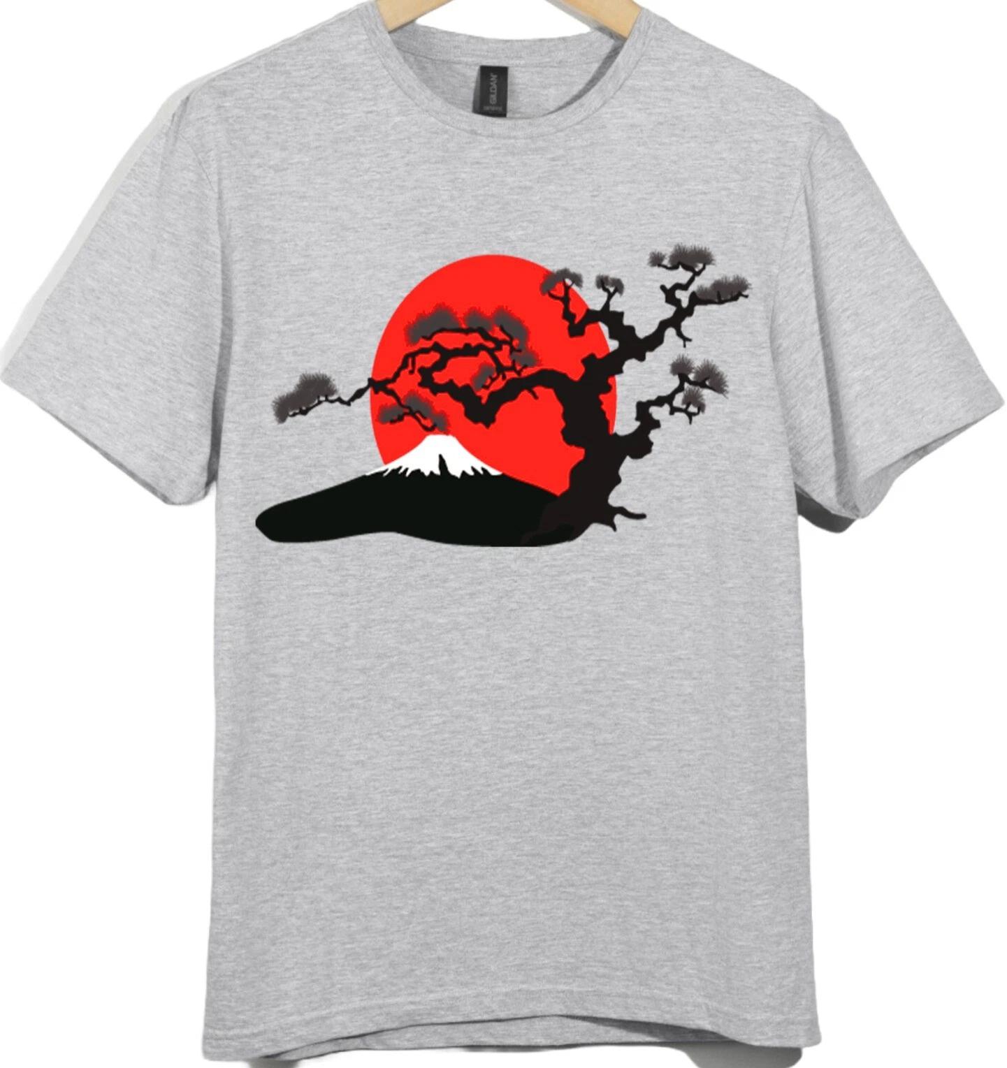 Bonsai Tree Mountain T-Shirt Rising Sun Asian Art Zen Nature Graphic Print Tee. XS