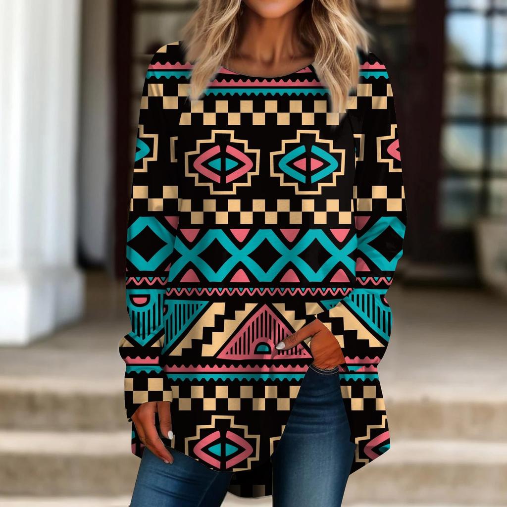 Women's Casual Plus SizeLong Sleeved Round Neck Retro Printing T-shirt Top Pullover