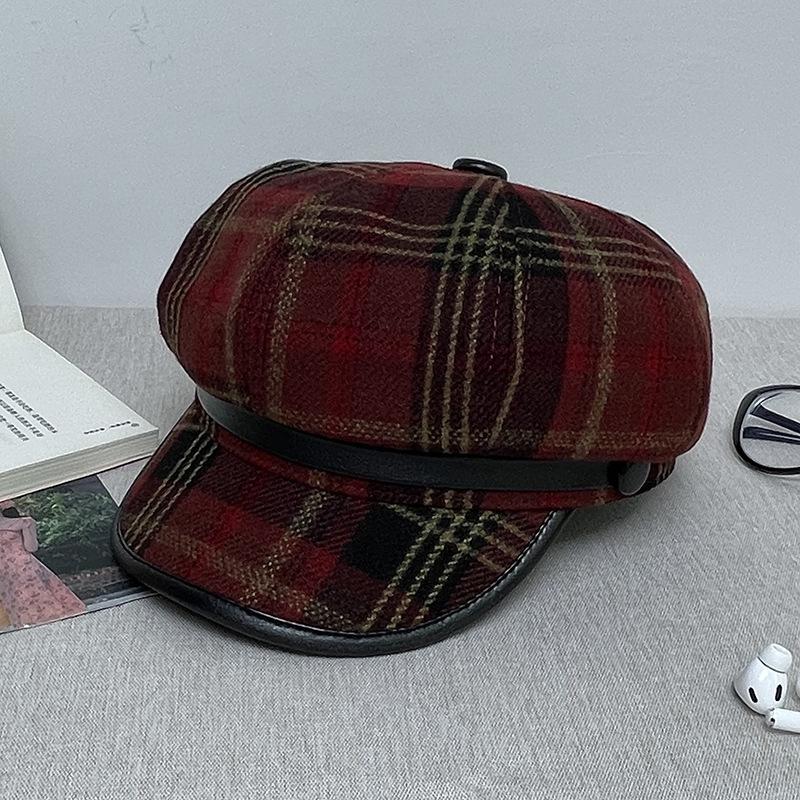 Britský osmiboký klobouk Dámská kostkovaná retro čepice s obličejem Malý baret Ztluštělý klobouk pro novináře