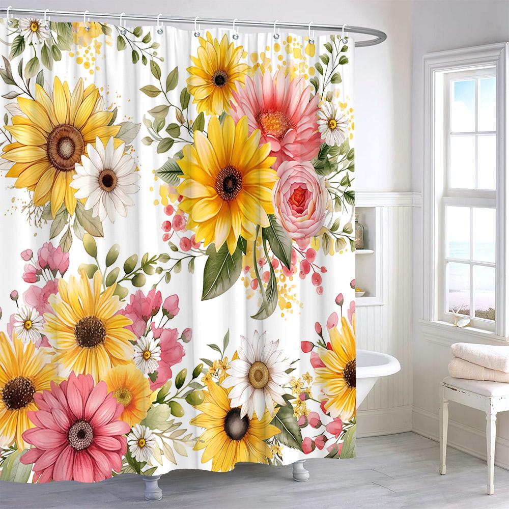 Watercolour Sunflower Shower Curtain Eucalyptus Leaf Butterfly Flower Cloth Bath Curtains Autumn Rustic Botanical Bathroom Decor