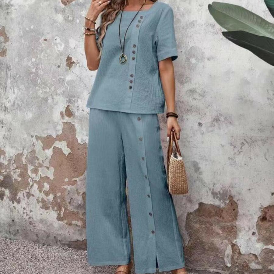 Oversized Cotton Linen Fashion Casual Two-Piece Set Short Sleeve Button Loose Wide Leg Pants Women's Clothing