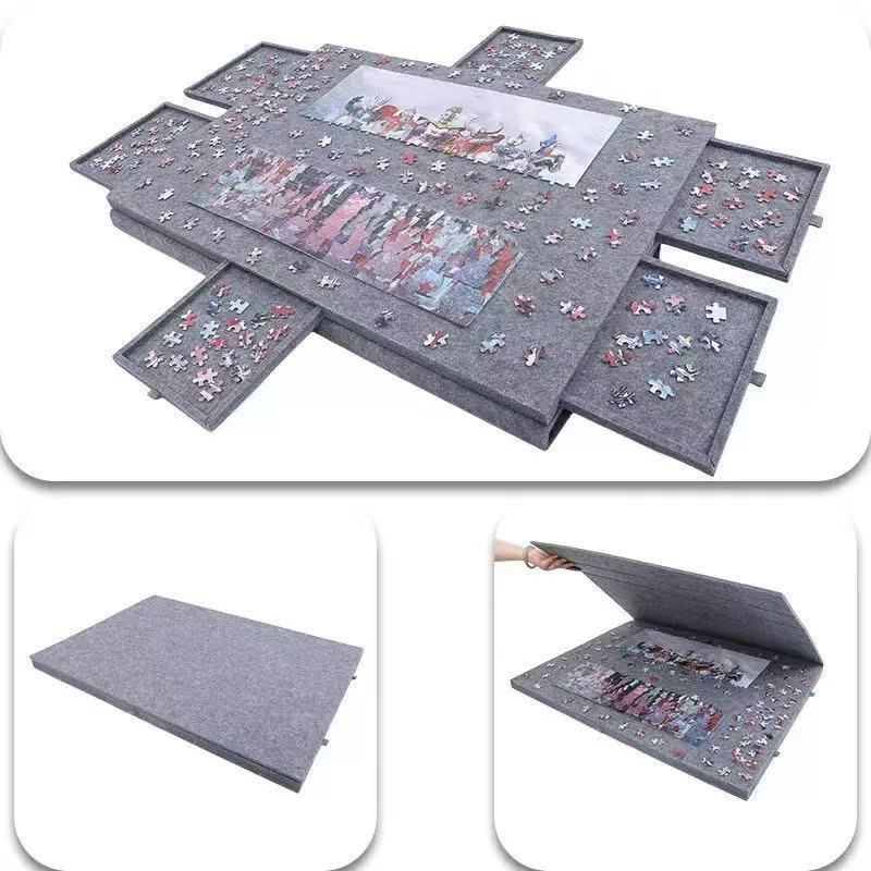 Children's Foldable Puzzle Table with Stand, Cover, and 6 Drawers - Soundproof Felt Board