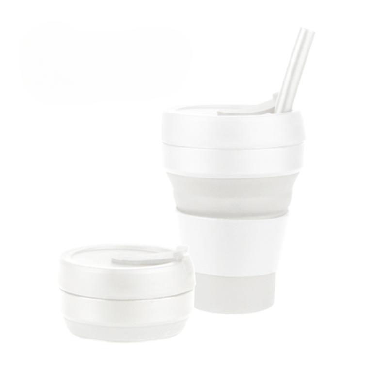 Silikonový skládací kávový hrnek, stlačitelný kelímek na vodu, kapesní hrnek, zatahovací, jednobarevná láhev na vodu se slámkou, 350 ml