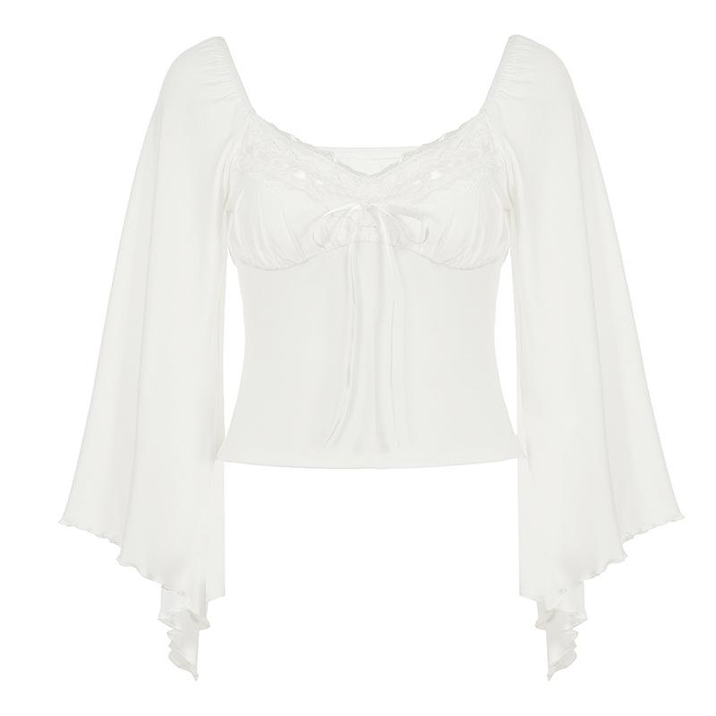 White Lace Trim Flared Sleeve Tie Front Slim Fit T Shirt For Women S белый