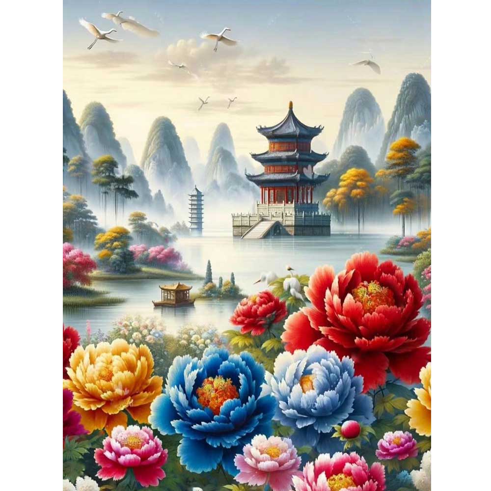 DIY Diamond Painting Cross Stitch Kit Peony Flowers and Pavilions Full Square Diamond Mosaic New Collection 2024 Home Decor Gift
