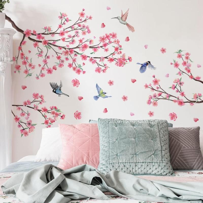 Large Cherry Blossom Wall Stickers Pink Flowers Tree Branch Birds Floral Blossom Wall Decals for Living Room Sofa TV Background