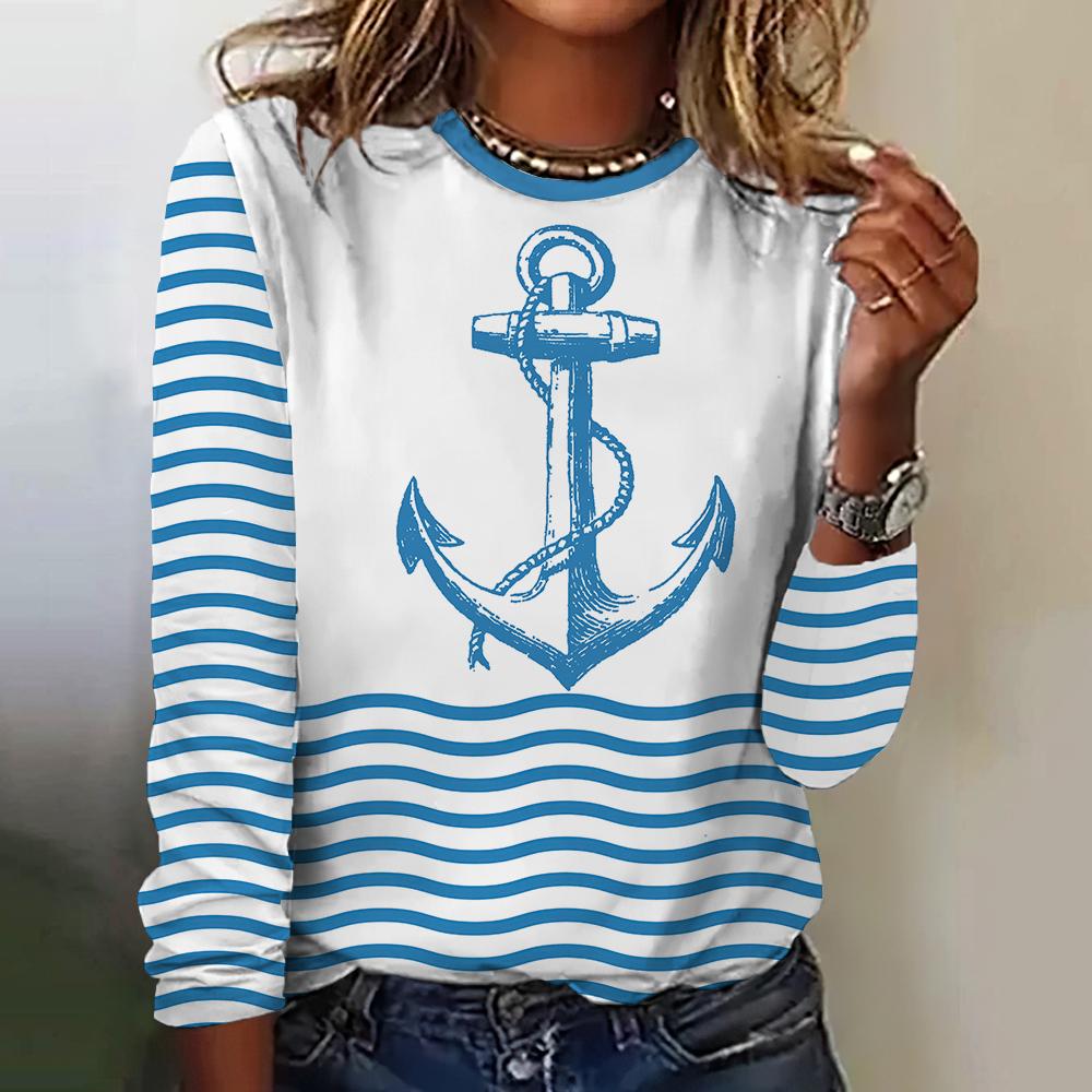 Herbst Frauen T Shirt Langarm Tops Anker Grafik Weibliche Kleidung Alltägliche Streetwear Oansatz Pullover Für frauen Tees 2023