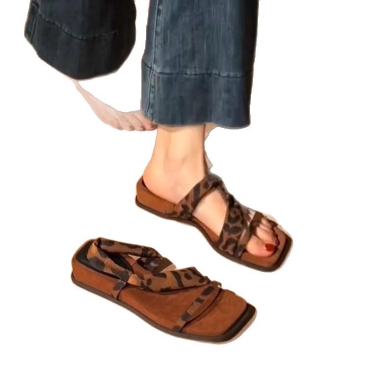 Sheepskin version~ Retro two wear one word with square head cool slippers women wear versatile thick-soled open-toed comfortable sandals summer