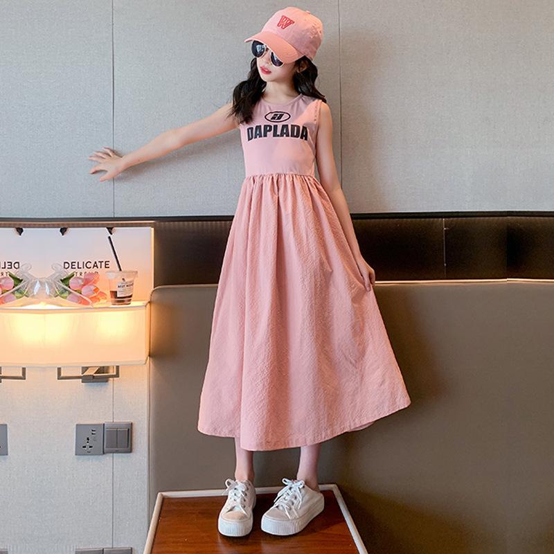 Girls Korean Version of The Western Style Solid Color Sleeveless Dress Children's Summer Fashionable Letter Casual Princess Dress