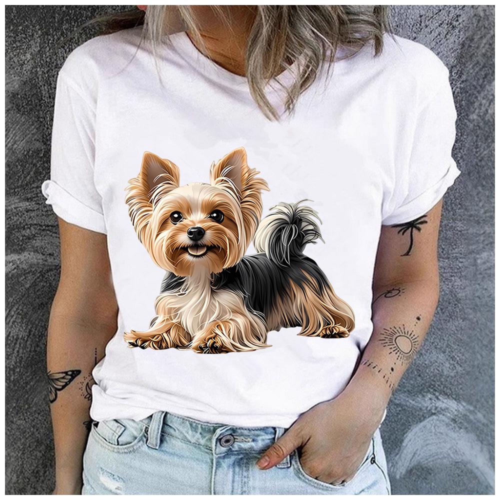 Polyester 100% Cute Yorkshire Terrier Puppy Graphic Women T-Shirt Yorkie Dog Pet Lover Print Short Sleeve Casual Summer Tee