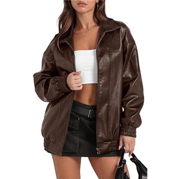 Stylish PU Leather Jacket for Women with Lapel Collar, Front Zipper & Side Pockets