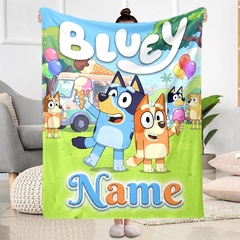 Bluey Family Adventure Customize Text Blanket Cozy Personalized Blanket Durable Comfort Perfect for Couch Home Decor Nap Picnics