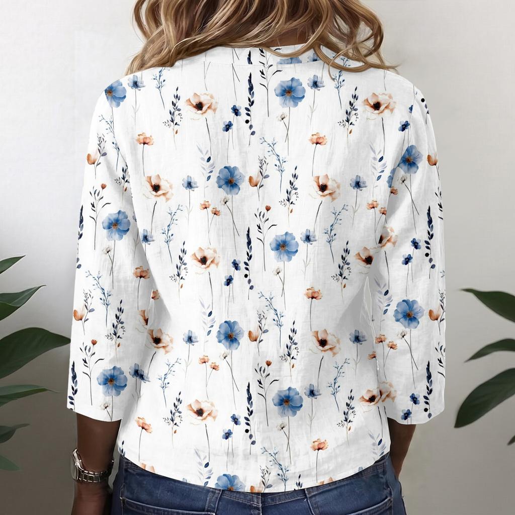 Women's Retro Floral Print Button Down Shirt 3/4 Sleeve Cotton Linen Blouse