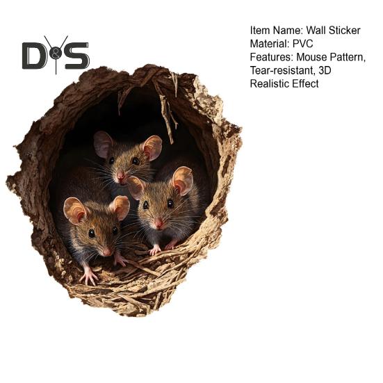 Mouse Hole Wall Sticker 3D Self-Adhesive Sticker Rustic Waterproof Mouse Decal for Children's Room Living Room Decor