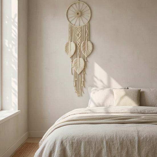Large Boho Wall Hanging Leaves Tapestry Handmade Woven Tassels Leaf Wall Art for Bedroom Living Room Apartment Office Home Decor