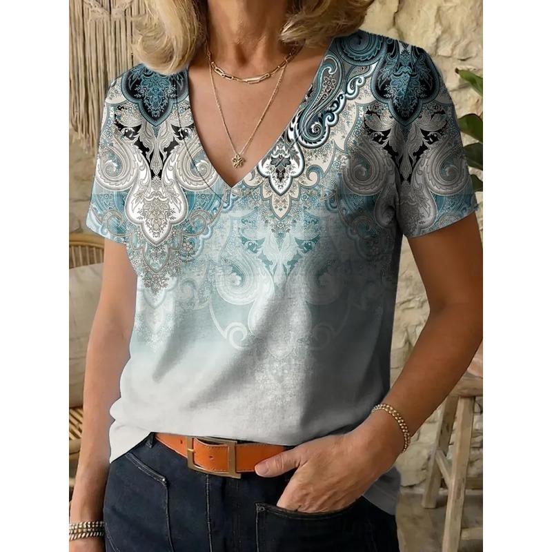 

Women s T Shirt Print Graphic Geometry Vintage Stylish Classic Short Sleeve V Neck Regular Tops Casual Daily Going out Blue Purple Green Summer Spring XL