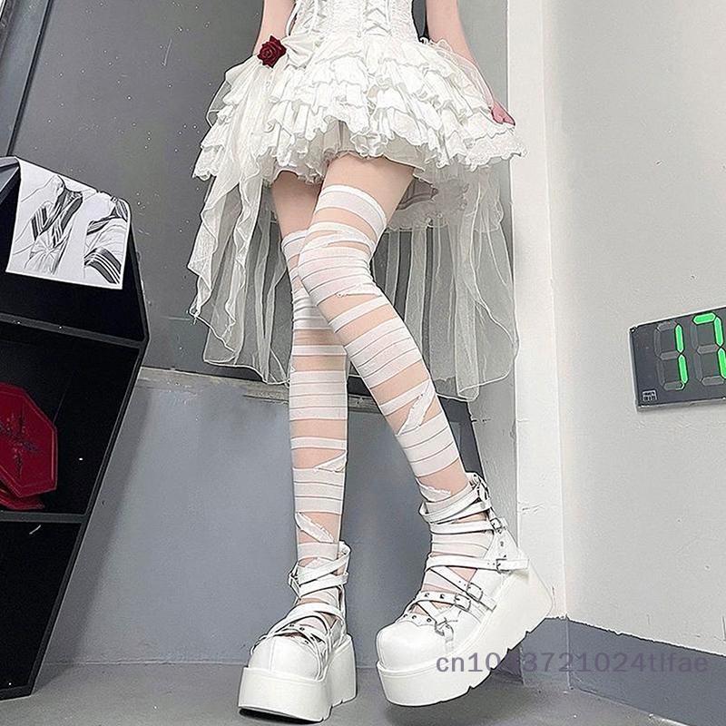Women's Lolita JK Y2K Inspired, Summer Bandage Stripe Long Stockings, Sexy White Long-Tube Hosiery