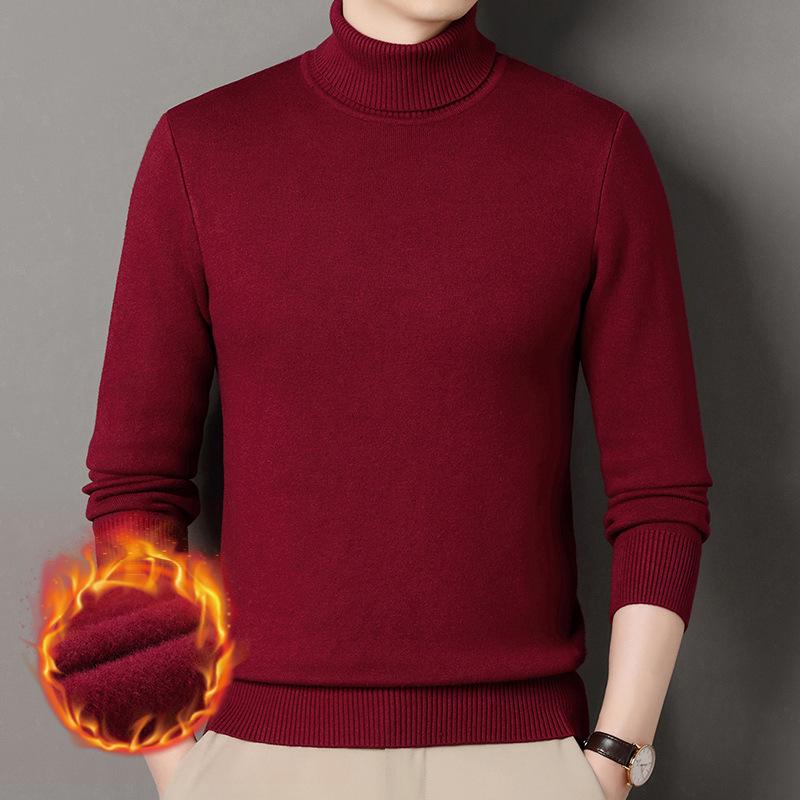 Men's Winter Warm Velvet High Neck Sweater - Solid Color Knit Pullover